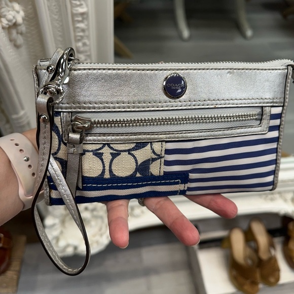 Coach Metallic Silver & Blue Patchwork Wristlet Clutch - Picture 2 of 9